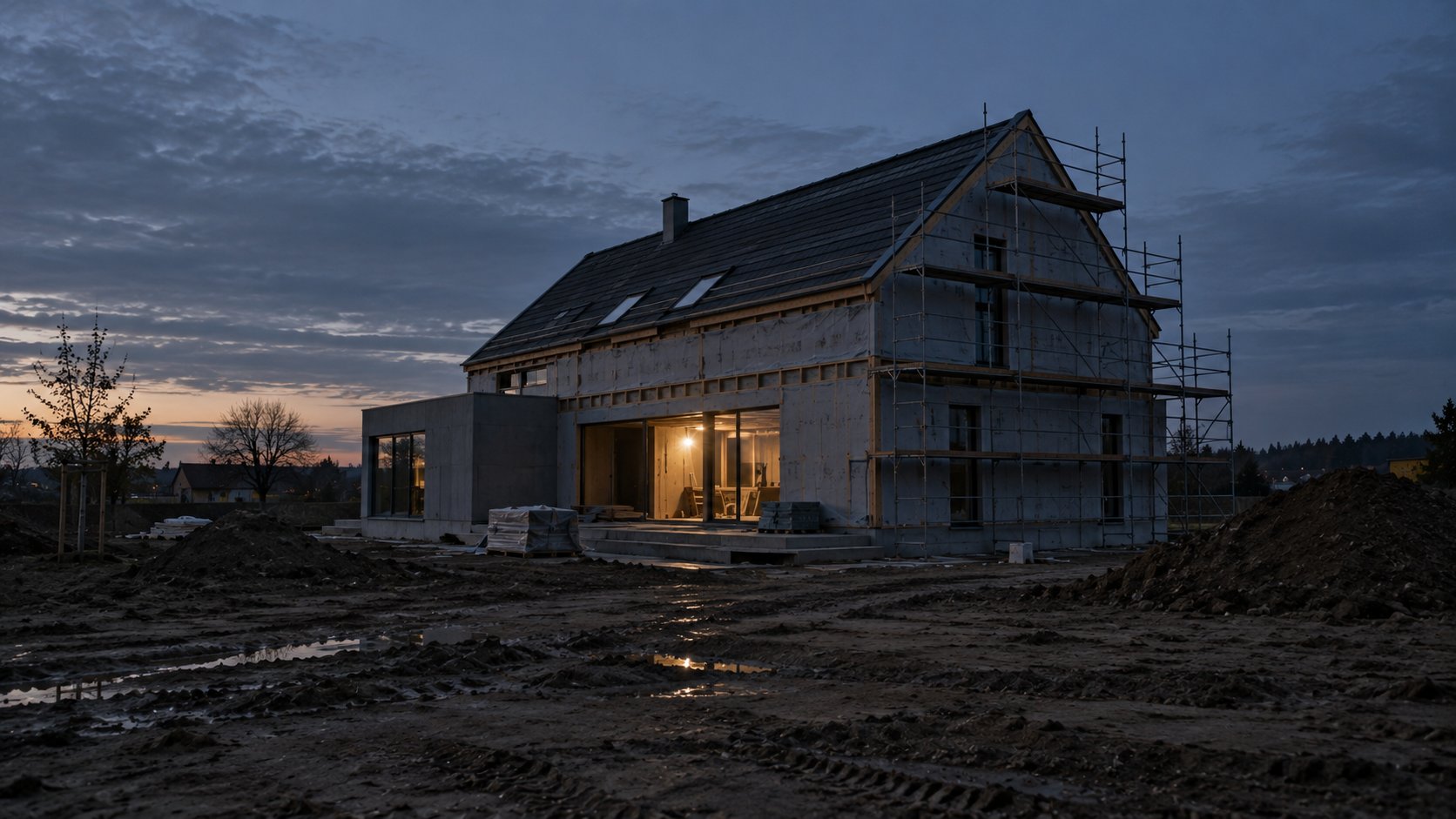 A house under construction at dusk