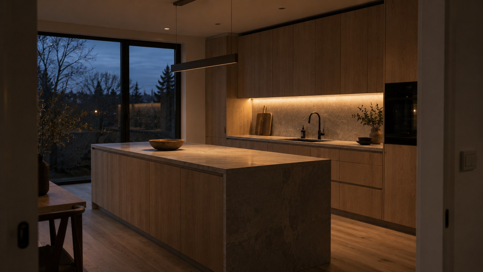 A timber kitchen in evening light