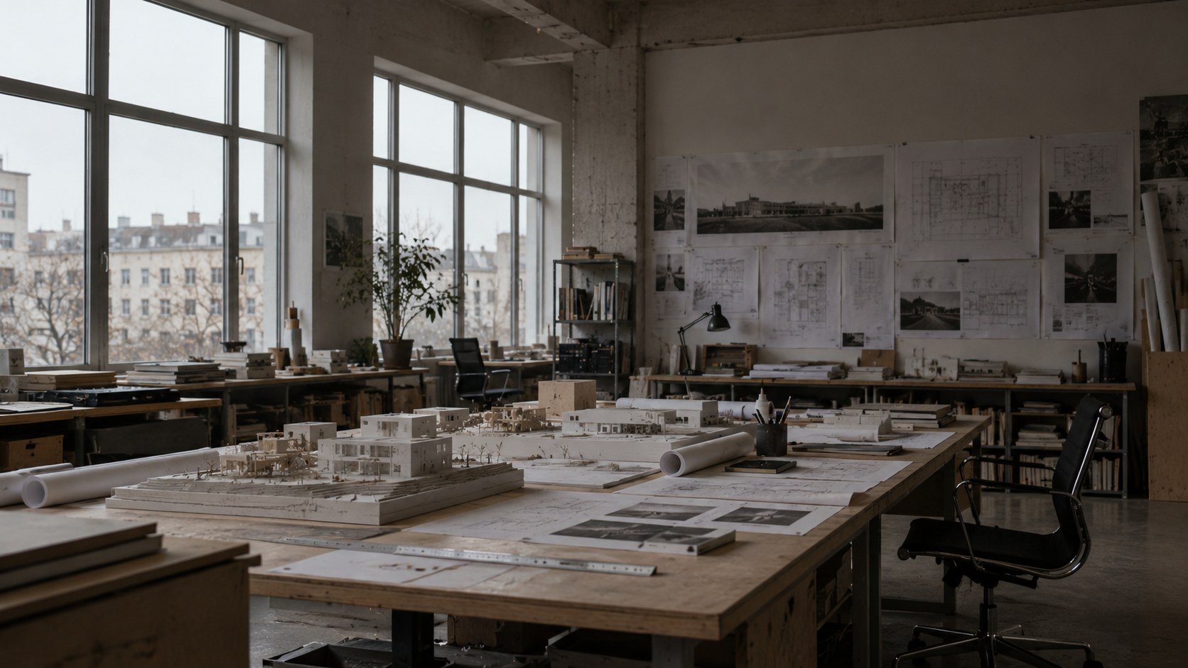 An architecture studio with models on the table